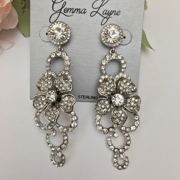 Pave Crystal Camellia Flower Drop Earrings NEW - Picture 2 of 4